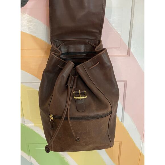Vintage Coach Brown Leather Drawstring Backpack Brass Hardware